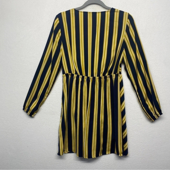Express Stripe Satin Tunic Blouse Navy Yellow S Petite - Picture 5 of 6